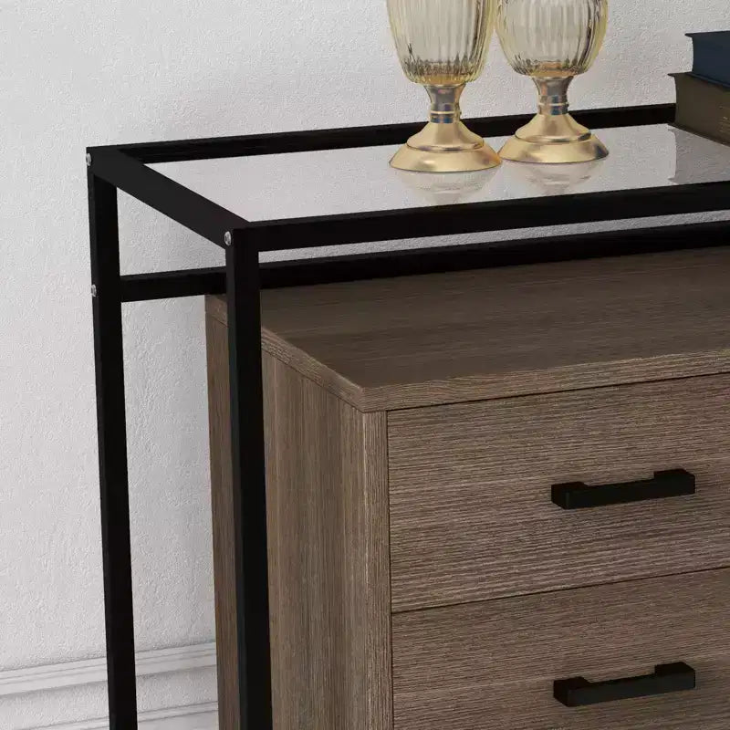 Meuble de rangement, six tiroirs, verre trempé et base en bois, cadre en acier durable et tiroirs spacieux, convient pour le salon, l'entrée, la chambre à coucher.