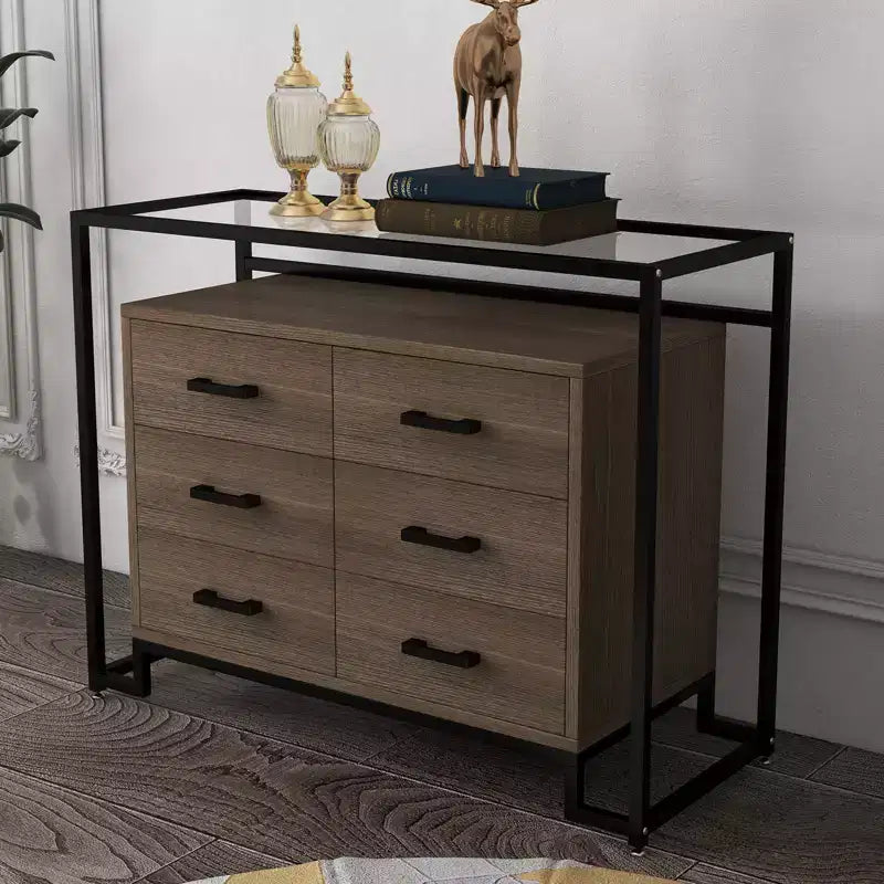 Meuble de rangement, six tiroirs, verre trempé et base en bois, cadre en acier durable et tiroirs spacieux, convient pour le salon, l'entrée, la chambre à coucher.