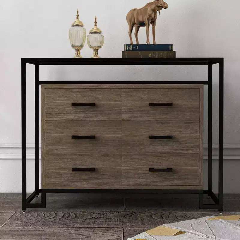 Meuble de rangement, six tiroirs, verre trempé et base en bois, cadre en acier durable et tiroirs spacieux, convient pour le salon, l'entrée, la chambre à coucher.