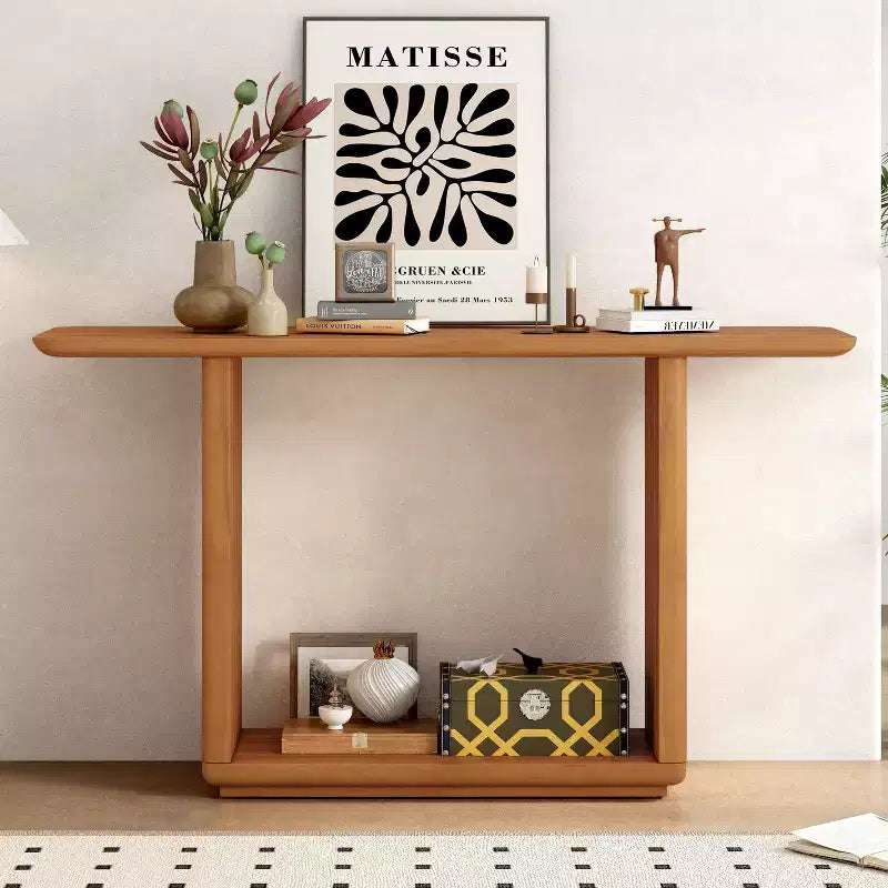 Console en placage de bois naturel avec piètement en U, table d'entrée à coins arrondis pour le salon ou le couloir