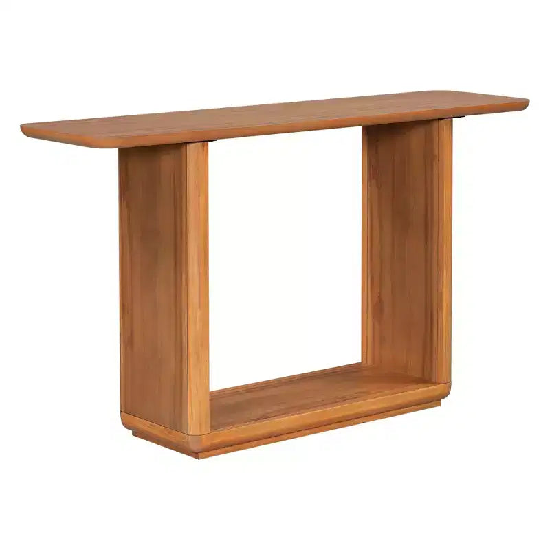 Console en placage de bois naturel avec piètement en U, table d'entrée à coins arrondis pour le salon ou le couloir