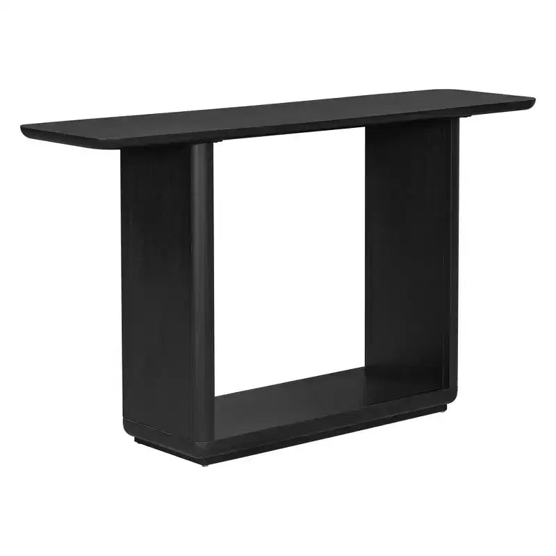 Console en placage de bois naturel avec piètement en U, table d'entrée à coins arrondis pour le salon ou le couloir