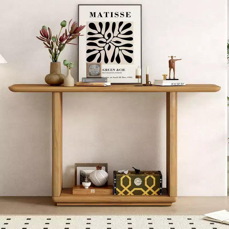 Console en placage de bois naturel avec piètement en U, table d'entrée à coins arrondis pour le salon ou le couloir