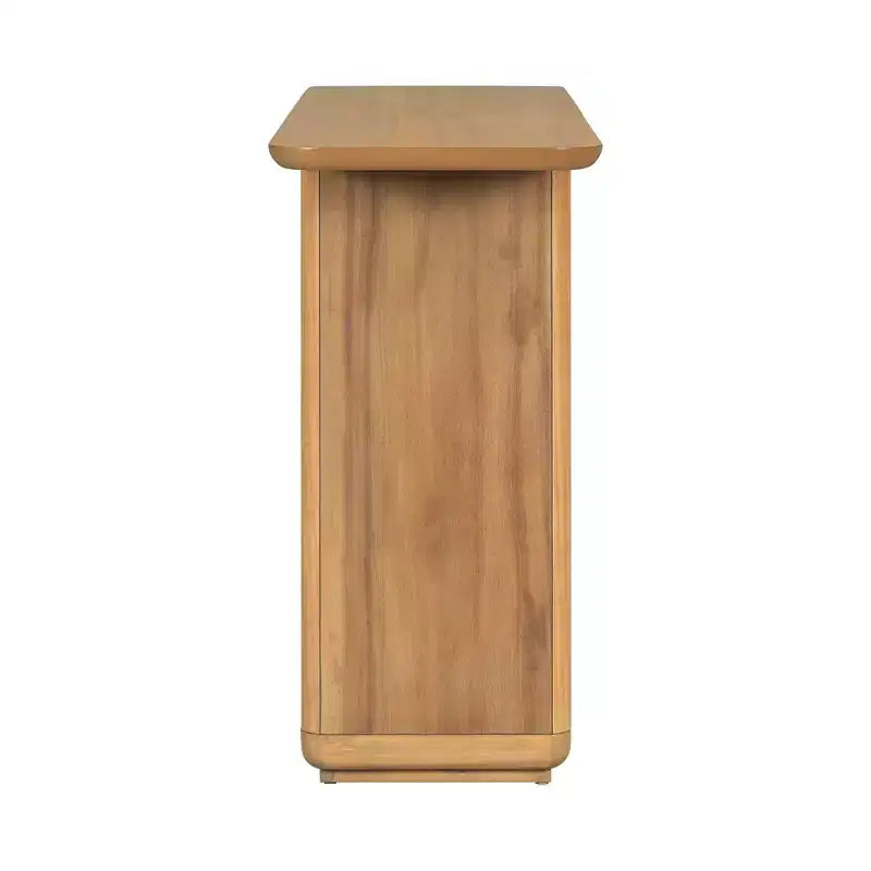 Console en placage de bois naturel avec piètement en U, table d'entrée à coins arrondis pour le salon ou le couloir