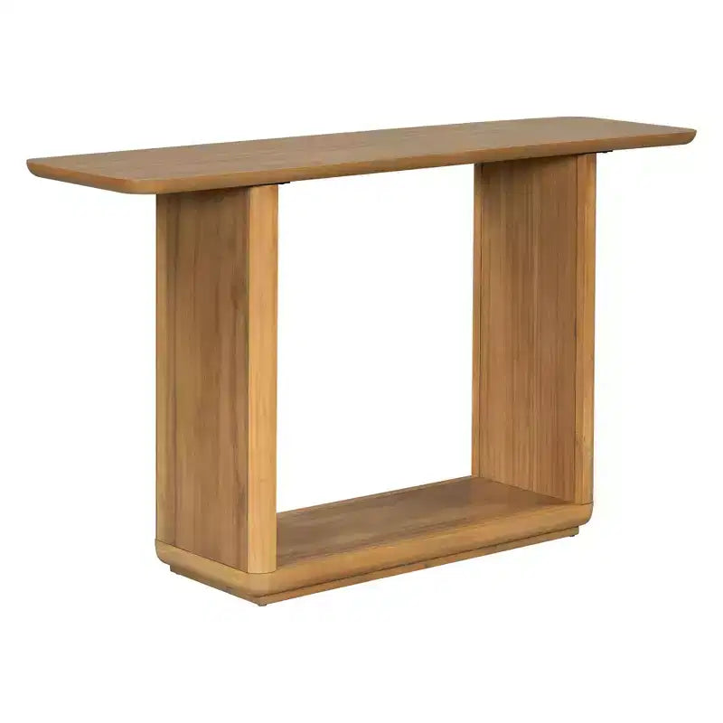 Console en placage de bois naturel avec piètement en U, table d'entrée à coins arrondis pour le salon ou le couloir