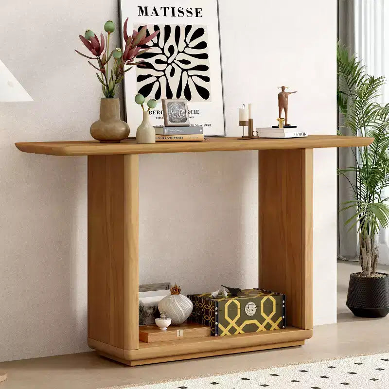 Console en placage de bois naturel avec piètement en U, table d'entrée à coins arrondis pour le salon ou le couloir