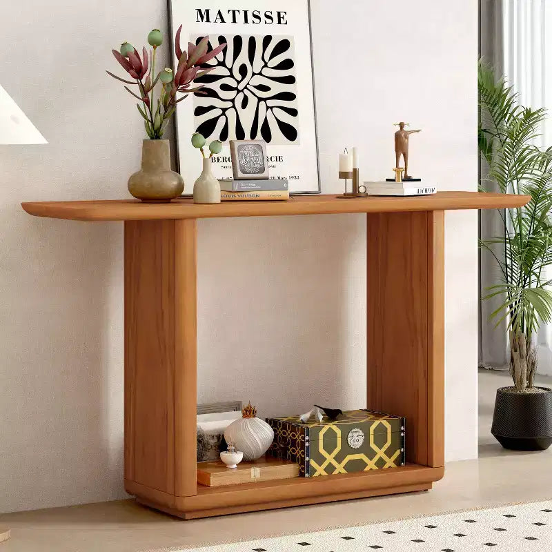 Console en placage de bois naturel avec piètement en U, table d'entrée à coins arrondis pour le salon ou le couloir