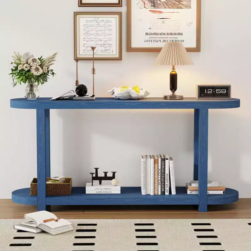 Console minimaliste ovale à 2 niveaux en placage de frêne avec plateau épuré, table d'entrée moderne pour bureau, couloir, salon
