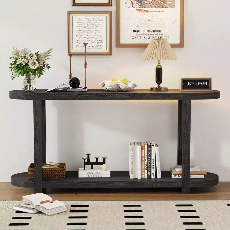 Console minimaliste ovale à 2 niveaux en placage de frêne avec plateau épuré, table d'entrée moderne pour bureau, couloir, salon