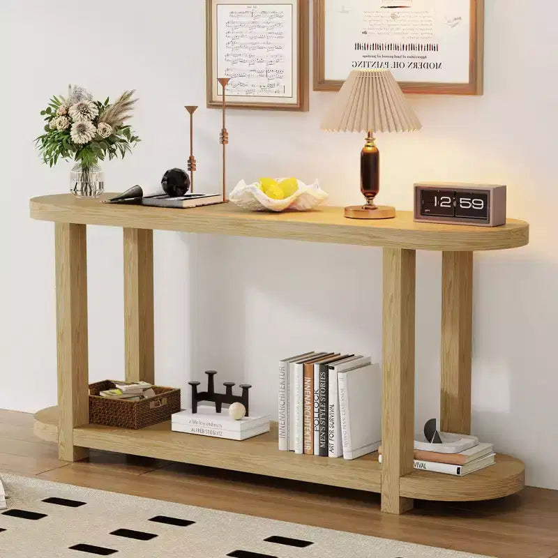 Console minimaliste ovale à 2 niveaux en placage de frêne avec plateau épuré, table d'entrée moderne pour bureau, couloir, salon