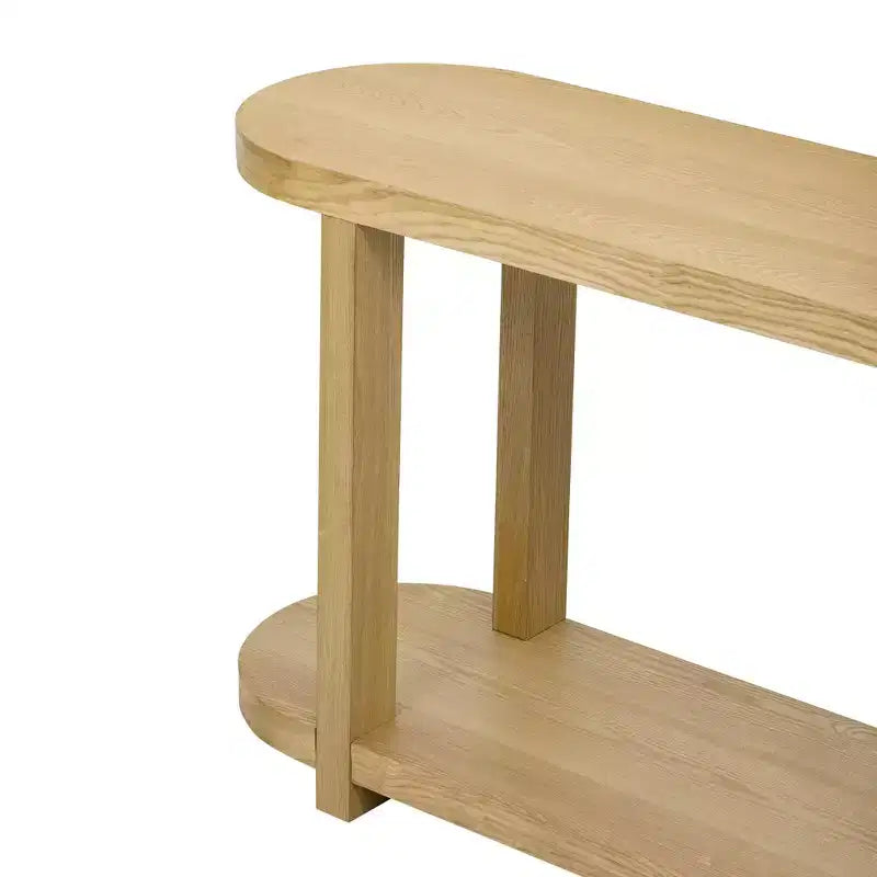 Console minimaliste ovale à 2 niveaux en placage de frêne avec plateau épuré, table d'entrée moderne pour bureau, couloir, salon
