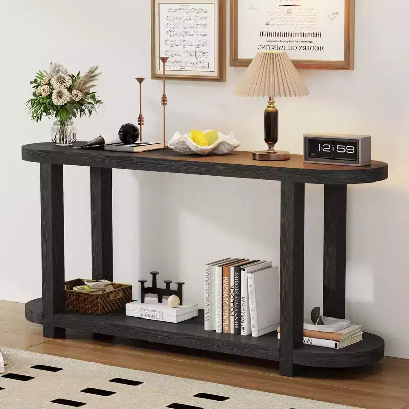 Okak 2-Tier Minimalist Ash Veneer Oval Console Table with Streamlined Top,Modern Entryway Table for Study,Hallway,Living Room