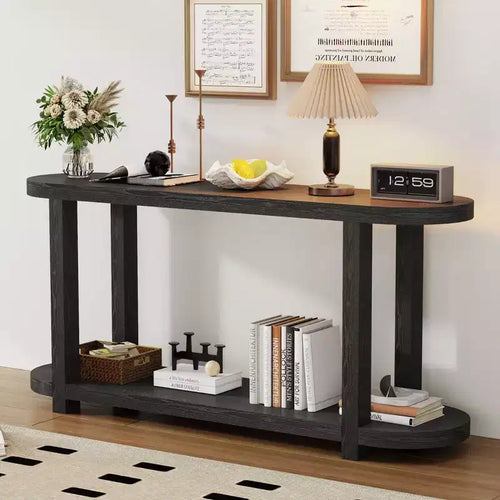 Okak 2-Tier Minimalist Ash Veneer Oval Console Table with Streamlined Top,Modern Entryway Table for Study,Hallway,Living Room
