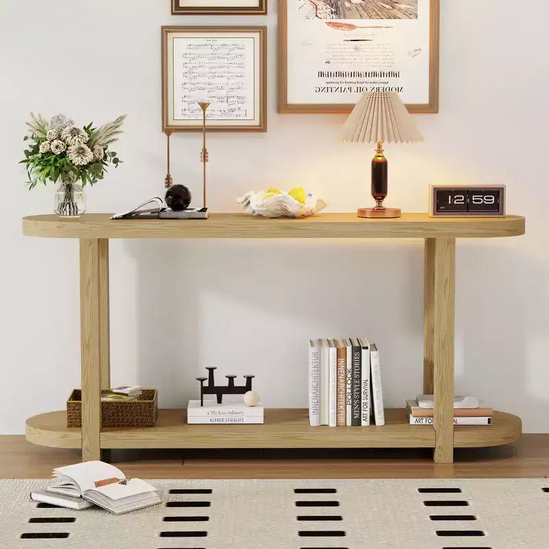 Console minimaliste ovale à 2 niveaux en placage de frêne avec plateau épuré, table d'entrée moderne pour bureau, couloir, salon