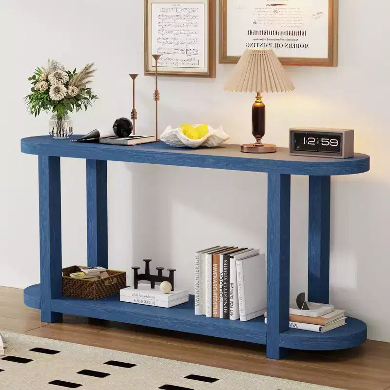 Console minimaliste ovale à 2 niveaux en placage de frêne avec plateau épuré, table d'entrée moderne pour bureau, couloir, salon