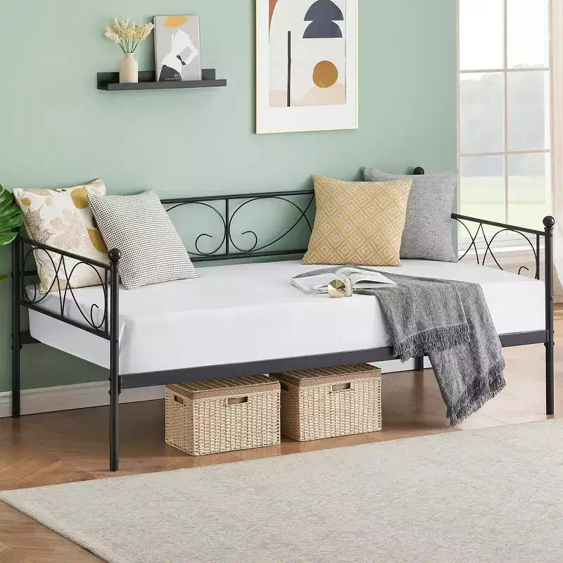 GustoWave Sofa Bed with Trundle, Twin Size Metal Daybed with Floral Headboard,Multifunctional Bed, for Bedroom, Living Room, Guest Room