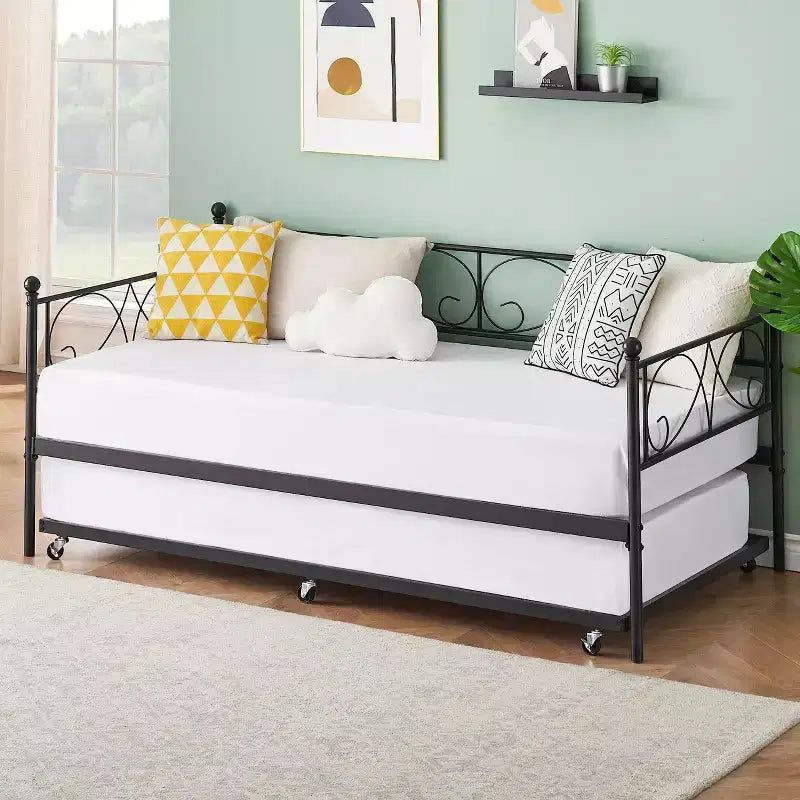 Canapé-lit gigogne, lit de jour double en métal avec tête de lit florale, lit multifonctionnel, pour chambre à coucher, salon, chambre d'amis