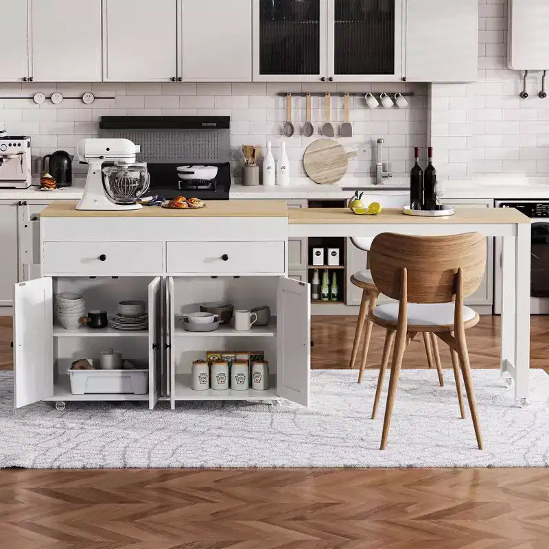 Îlot de cuisine avec table extensible, îlot de cuisine roulant avec étagère à épices, 2 tiroirs et 4 portes, chariot de cuisine pour salle à manger