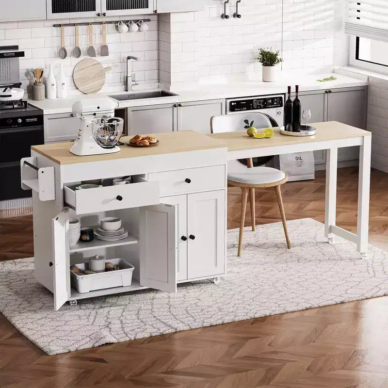 Îlot de cuisine avec table extensible, îlot de cuisine roulant avec étagère à épices, 2 tiroirs et 4 portes, chariot de cuisine pour salle à manger