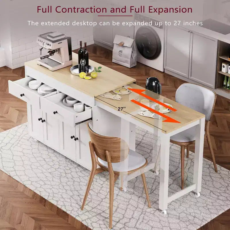 Îlot de cuisine avec table extensible, îlot de cuisine roulant avec étagère à épices, 2 tiroirs et 4 portes, chariot de cuisine pour salle à manger
