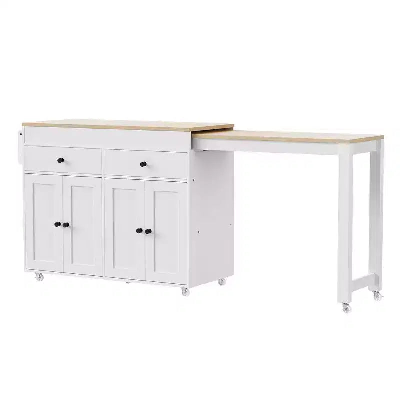 Îlot de cuisine avec table extensible, îlot de cuisine roulant avec étagère à épices, 2 tiroirs et 4 portes, chariot de cuisine pour salle à manger