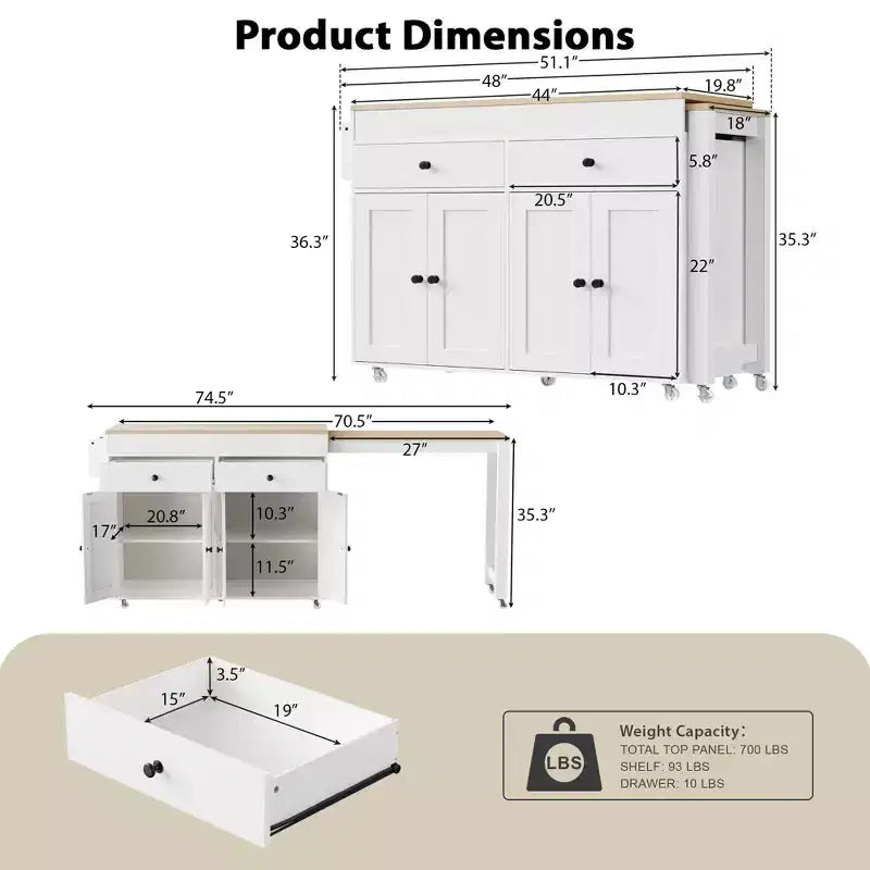 Îlot de cuisine avec table extensible, îlot de cuisine roulant avec étagère à épices, 2 tiroirs et 4 portes, chariot de cuisine pour salle à manger