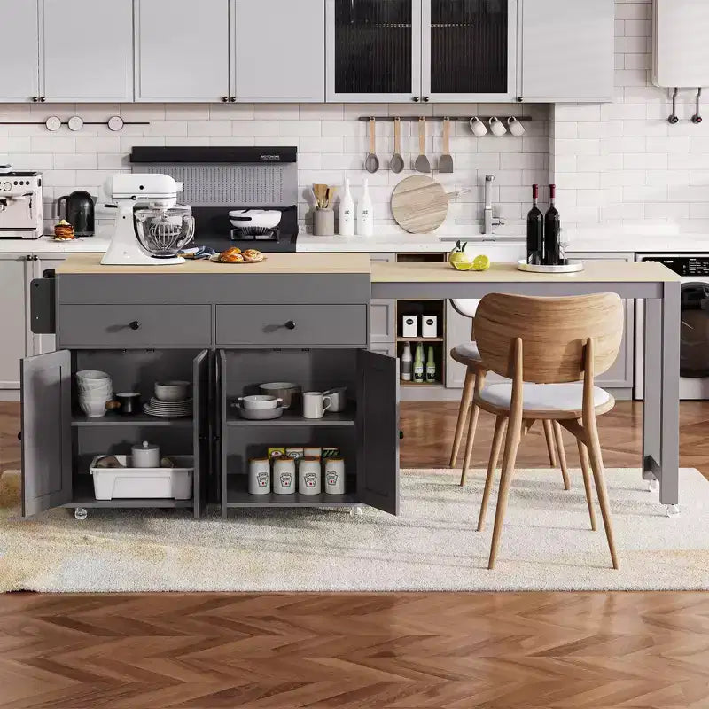 Îlot de cuisine avec table extensible, îlot de cuisine roulant avec étagère à épices, 2 tiroirs et 4 portes, chariot de cuisine pour salle à manger