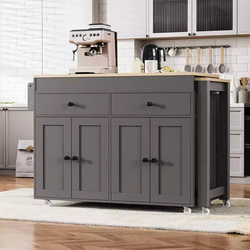 Îlot de cuisine avec table extensible, îlot de cuisine roulant avec étagère à épices, 2 tiroirs et 4 portes, chariot de cuisine pour salle à manger