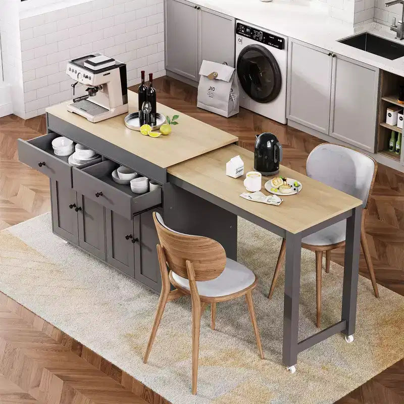 Îlot de cuisine avec table extensible, îlot de cuisine roulant avec étagère à épices, 2 tiroirs et 4 portes, chariot de cuisine pour salle à manger