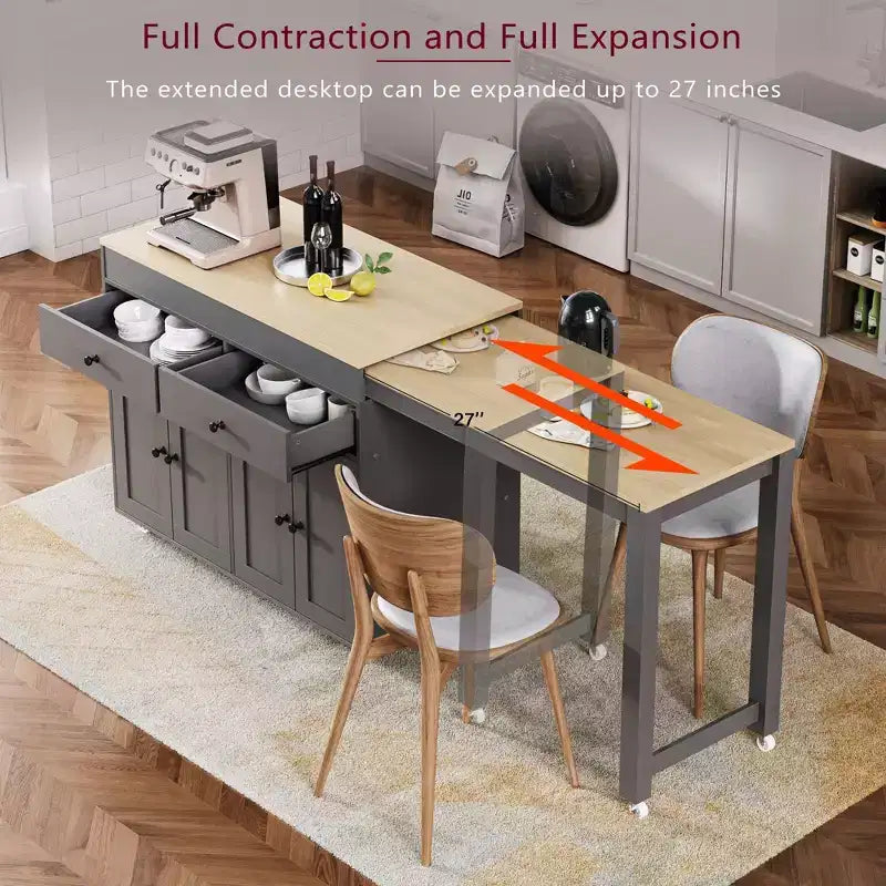 Îlot de cuisine avec table extensible, îlot de cuisine roulant avec étagère à épices, 2 tiroirs et 4 portes, chariot de cuisine pour salle à manger