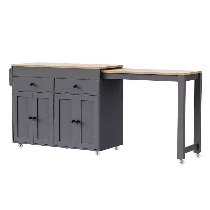 Îlot de cuisine avec table extensible, îlot de cuisine roulant avec étagère à épices, 2 tiroirs et 4 portes, chariot de cuisine pour salle à manger