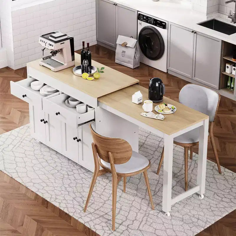 Îlot de cuisine avec table extensible, îlot de cuisine roulant avec étagère à épices, 2 tiroirs et 4 portes, chariot de cuisine pour salle à manger