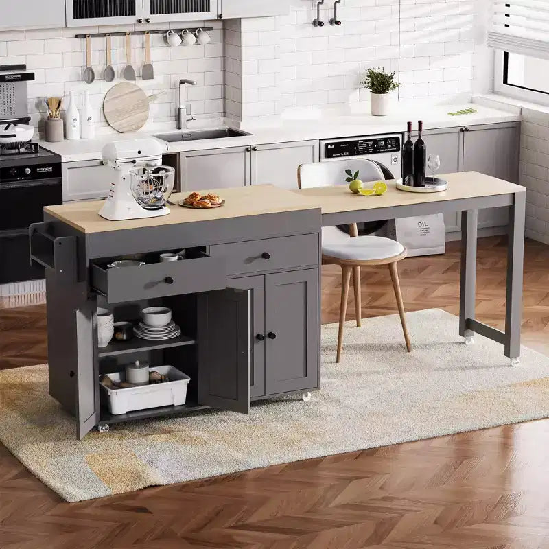 Okak Kitchen Island with Extendable Table, Rolling Kitchen Island with Spice Rack, 2 Drawers and 4 Doors, Kitchen Cart for Dining Room