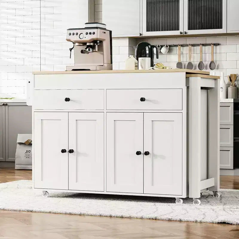 Îlot de cuisine avec table extensible, îlot de cuisine roulant avec étagère à épices, 2 tiroirs et 4 portes, chariot de cuisine pour salle à manger