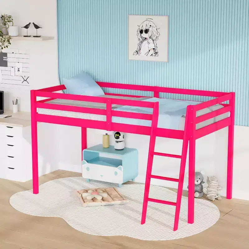 VINGLI 47'' Tall Junior Low Loft Bed with Stairs, Solid Wood Bed Frame Twin Size Princess, Pink