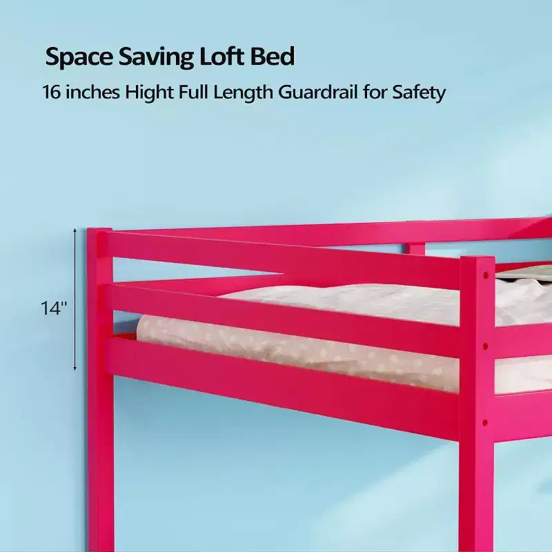 Lit mi-hauteur junior de 47'' avec escaliers, cadre de lit en bois massif taille jumeau princesse, rose