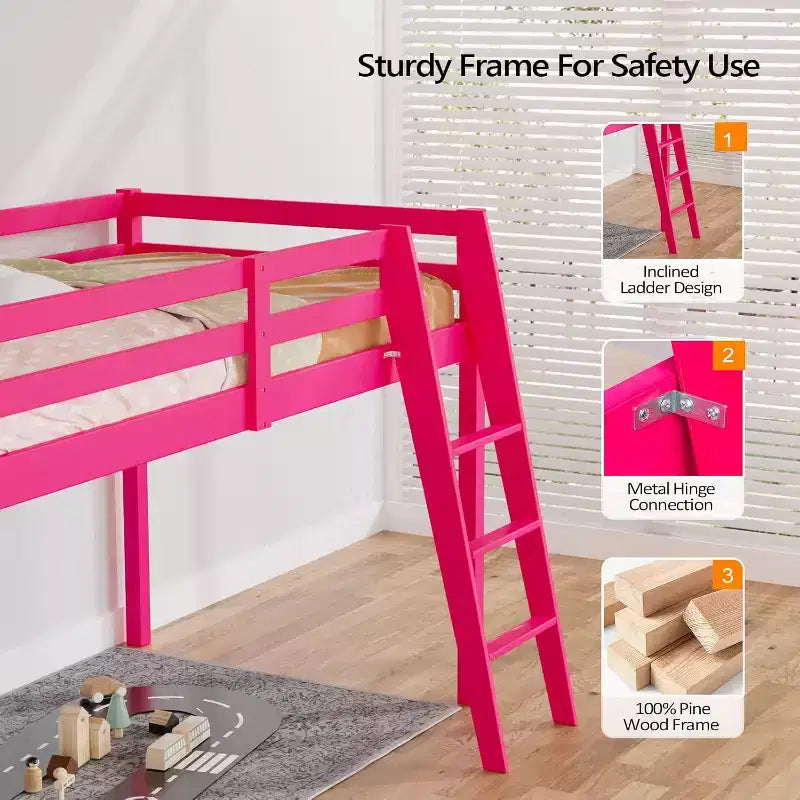 Lit mi-hauteur junior de 47'' avec escaliers, cadre de lit en bois massif taille jumeau princesse, rose