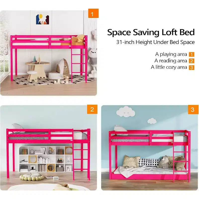Lit mi-hauteur junior de 47'' avec escaliers, cadre de lit en bois massif taille jumeau princesse, rose