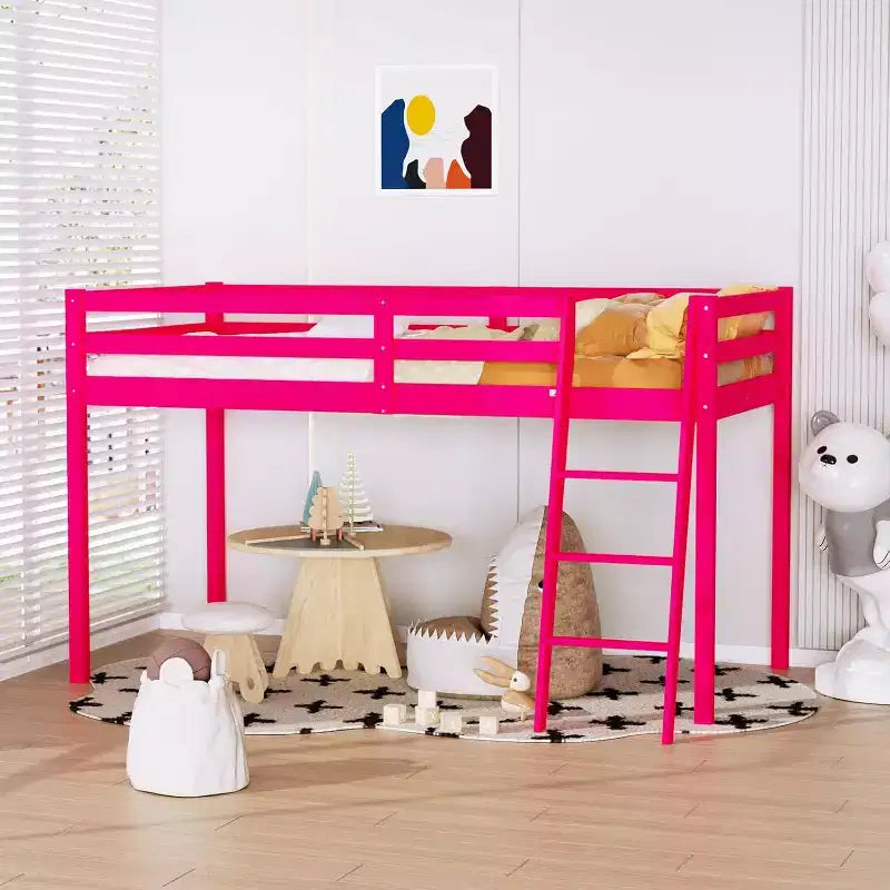 Lit mi-hauteur junior de 47'' avec escaliers, cadre de lit en bois massif taille jumeau princesse, rose