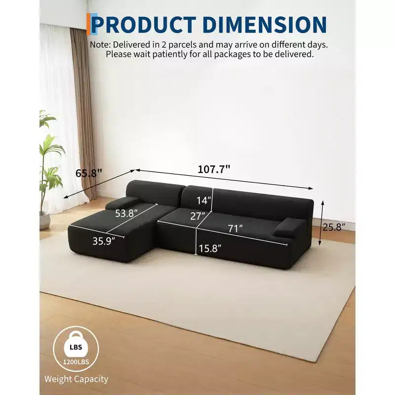 Canapé d'angle en tissu 108" avec méridienne - Canapé moelleux en velours côtelé sans ossature pour salon, aucun assemblage requis