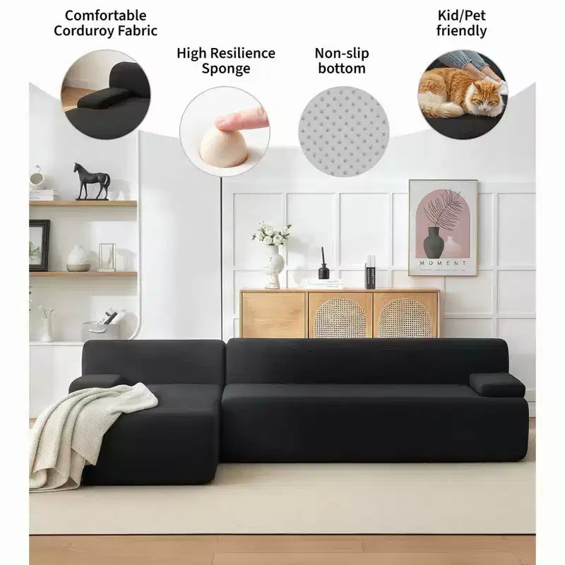 Canapé d'angle en tissu 108" avec méridienne - Canapé moelleux en velours côtelé sans ossature pour salon, aucun assemblage requis
