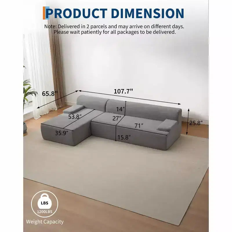 Canapé d'angle en tissu 108" avec méridienne - Canapé moelleux en velours côtelé sans ossature pour salon, aucun assemblage requis