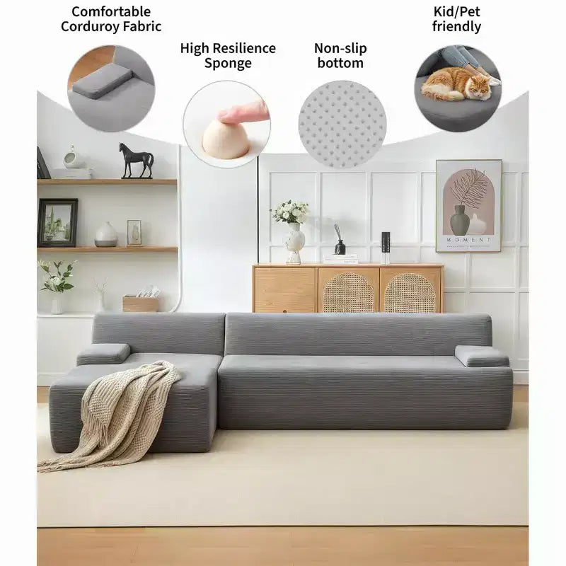 Canapé d'angle en tissu 108" avec méridienne - Canapé moelleux en velours côtelé sans ossature pour salon, aucun assemblage requis