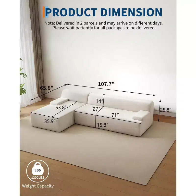 Canapé d'angle en tissu 108" avec méridienne - Canapé moelleux en velours côtelé sans ossature pour salon, aucun assemblage requis