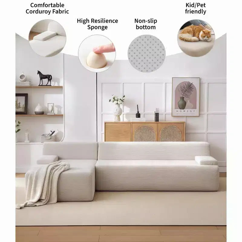 Canapé d'angle en tissu 108" avec méridienne - Canapé moelleux en velours côtelé sans ossature pour salon, aucun assemblage requis