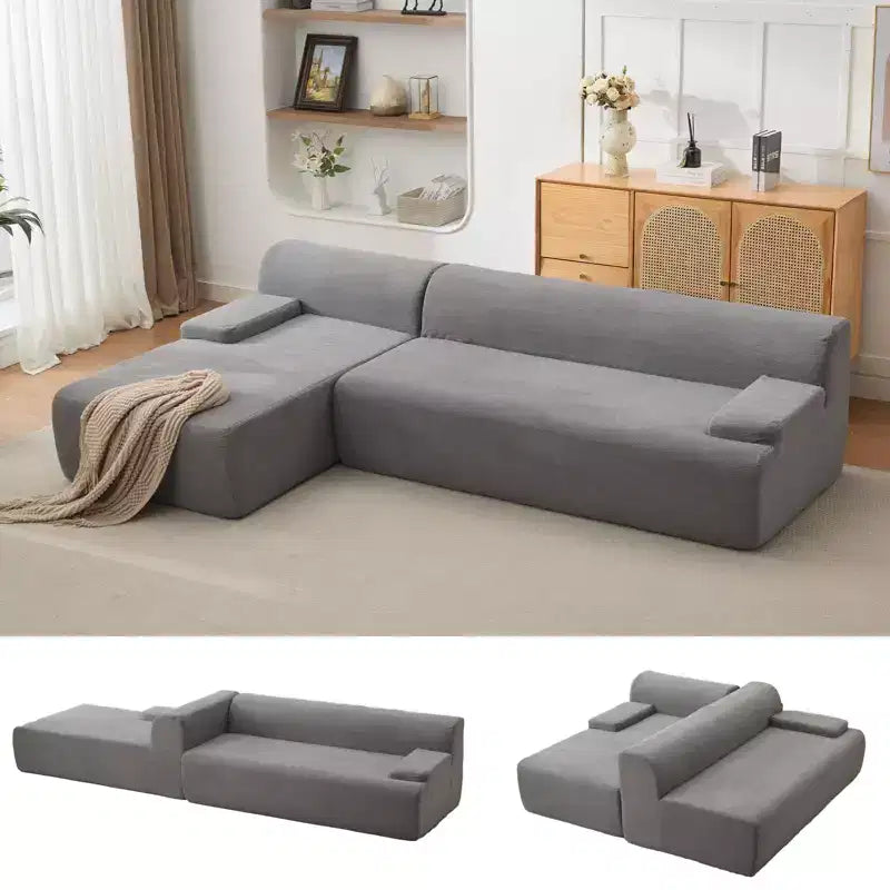Canapé d'angle en tissu 108" avec méridienne - Canapé moelleux en velours côtelé sans ossature pour salon, aucun assemblage requis