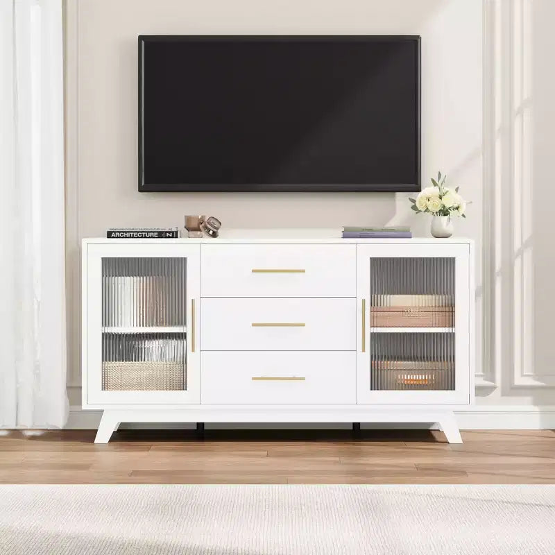 Buffet Cabinet, Kitchen Storage Cabinet with 2 Fluted Doors and 3 Drawers,Modern Coffee Bar Cabinet with Adjustable Shelf for Living,Dining Room