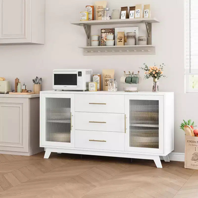 Buffet, meuble de rangement de cuisine avec 2 portes cannelées et 3 tiroirs, buffet de bar à café moderne avec étagère réglable pour salon et salle à manger