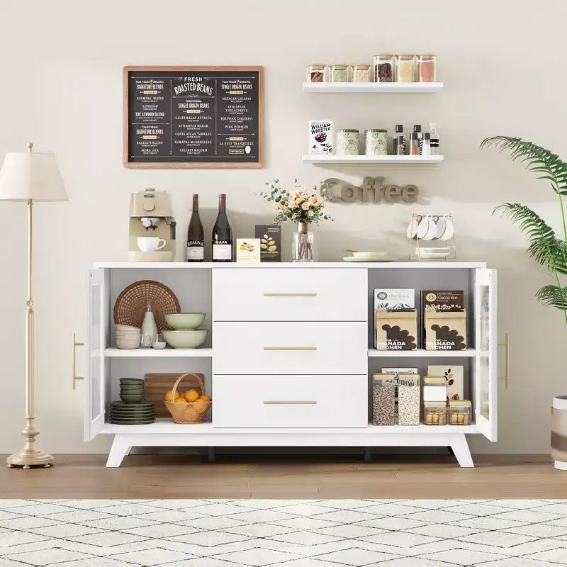 Buffet, meuble de rangement de cuisine avec 2 portes cannelées et 3 tiroirs, buffet de bar à café moderne avec étagère réglable pour salon et salle à manger