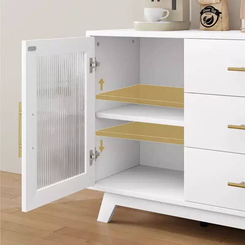 Buffet, meuble de rangement de cuisine avec 2 portes cannelées et 3 tiroirs, buffet de bar à café moderne avec étagère réglable pour salon et salle à manger